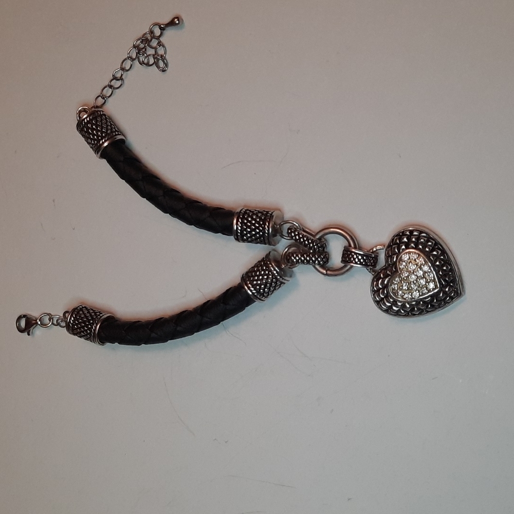 Vintage Sterling Silver Heart With Leather Inserts Bracelet
